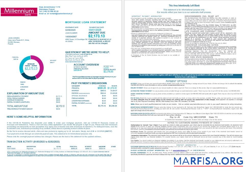 Blank Poland Millennium bank mortgage statement in Word and PDF formats 1 2 real example
